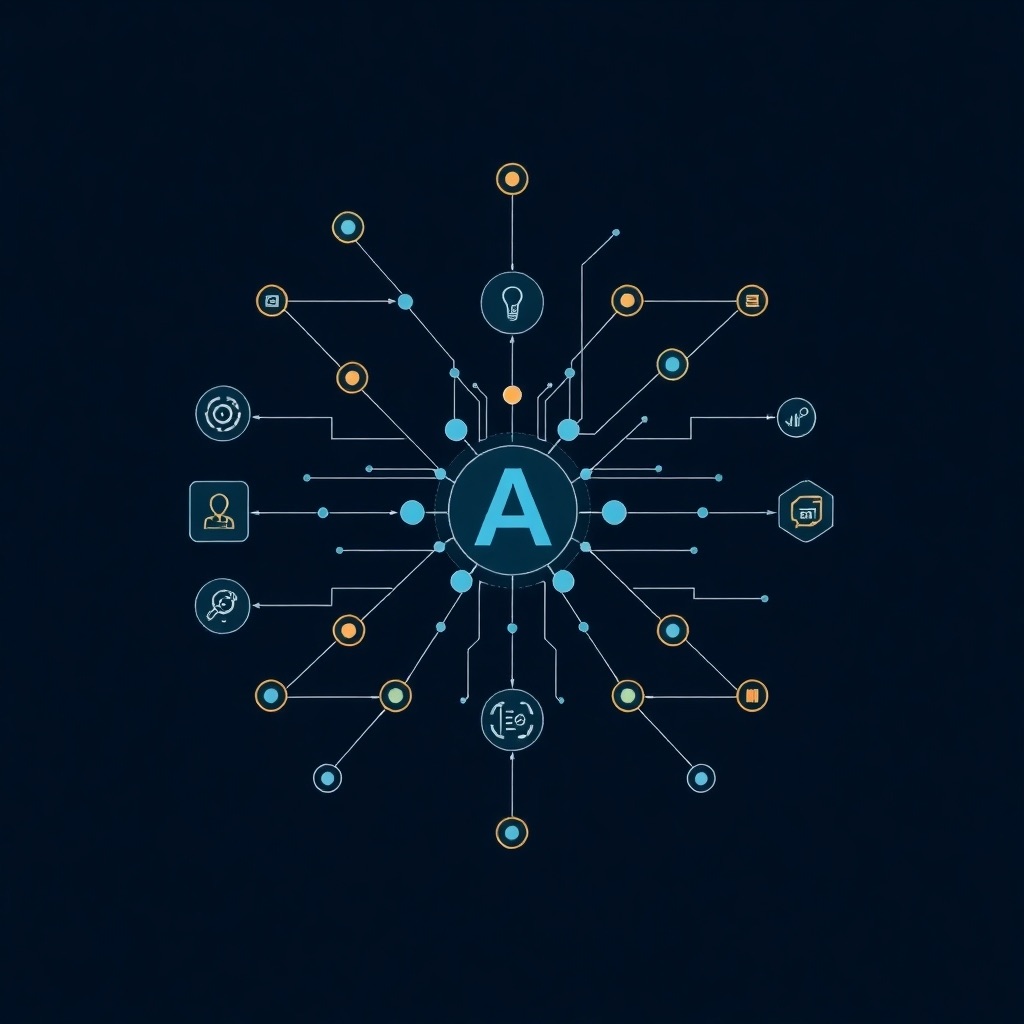 A high-quality image that uses an abstract visualization to depict the architecture of an AI agent. The visual representation should clearly show the main components of the agent and their interactions. The image can use a combination of lines, shapes, and colors to convey the agent's structure and function.