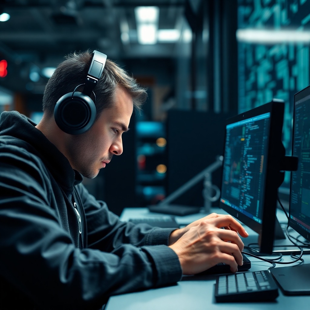 A photorealistic image of a developer working on a complex AI project. The image should focus on the intricate details of the development process, conveying a sense of precision and innovation. The setting should be a modern, high-tech workspace.