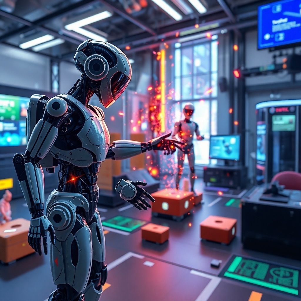 A photorealistic image of a virtual environment simulation displaying an AI agent interacting with a virtual environment. Focus on the detailed representation of the agent's actions and environment elements, showing the agent's interactions and the effects of its actions. The image should be high quality and should convey the effectiveness of the agent's capabilities. The environment could be a dynamic, interactive setting with various objects and obstacles.