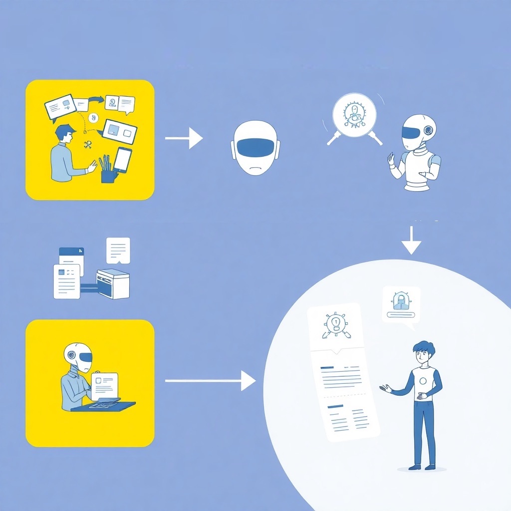 A stylized illustration representing the process of designing a customized AI agent. The image should depict the various stages of the design process, from brainstorming and conceptualization to detailed specifications and prototyping. The style should be clean, modern, and high-quality.