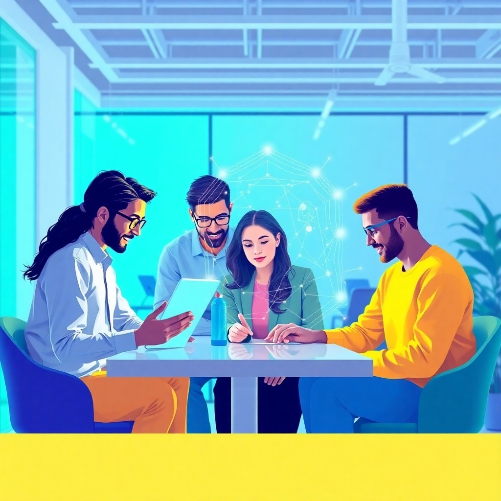 A stylized image depicting a team of diverse individuals collaboratively working on a complex AI project. The image should be high-quality 4K resolution and have a clean, modern aesthetic. The color palette should be bright and inspiring, using blues, greens, and yellows to represent collaboration and innovation. The individuals should be in a modern, open-concept workspace with a futuristic feel. The lighting should be soft and natural, creating a comfortable and productive atmosphere. The composition should focus on the team's interaction and their focused work on an advanced AI system, which can be subtly represented by holographic projections or futuristic interfaces. The scene should convey teamwork, creativity, and technological advancement in a vibrant and engaging manner. Style references could include images from successful tech companies emphasizing collaboration and innovative workspaces.