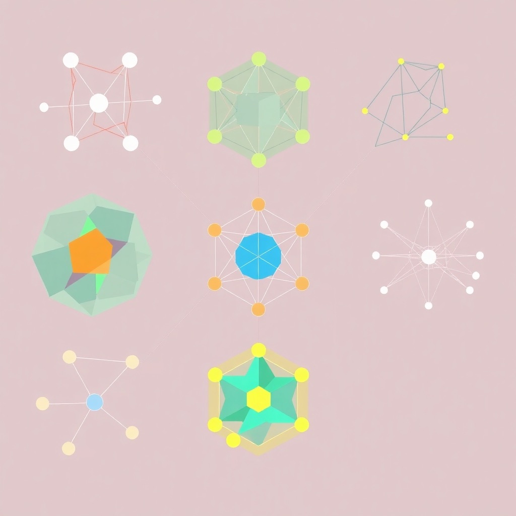 A stylized image depicting various AI agent architectures as abstract forms, such as networks, decision trees, or other visual representations that showcase their complexity and differences. The image should be high quality, with clean lines and vibrant colors, reflecting the diversity of AI agent architectures. The style could be inspired by abstract geometric art. The composition should focus on highlighting the distinct features of each architecture.