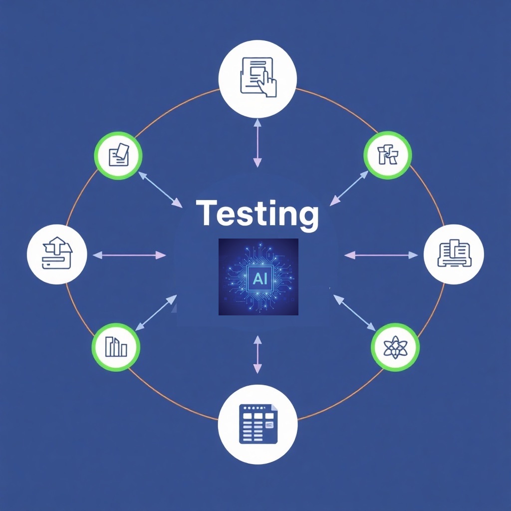 A stylized image illustrating the testing and implementation process of AI agents.  This could be represented as a flowchart or a series of interconnected nodes and lines, visualizing the different steps in the process.  The image should be colorful and engaging, highlighting the crucial role of testing and implementation in creating effective AI agents.  The style should be modern and clean.