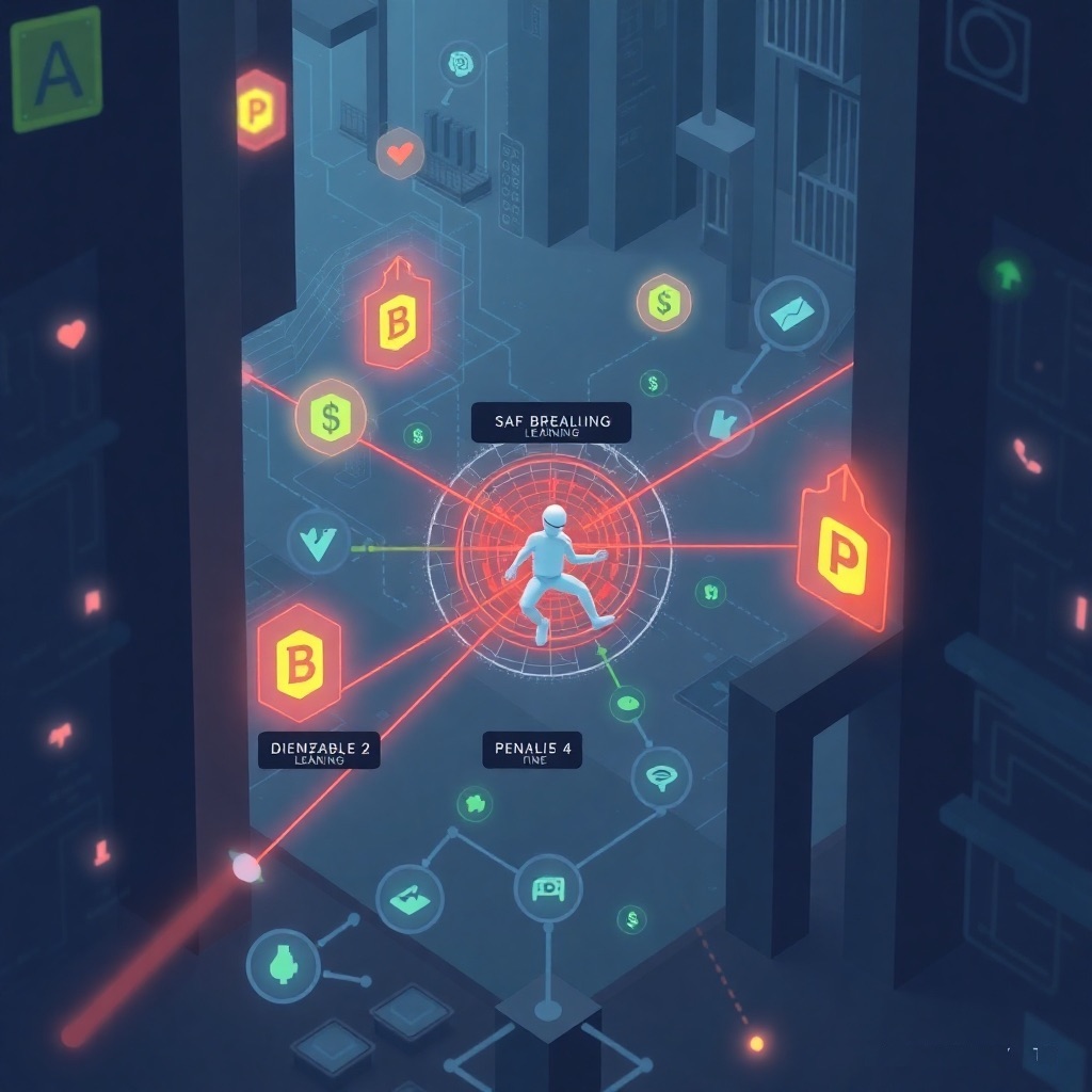 An image visualizing a reinforcement learning process. It could show an agent navigating a complex environment, with visual cues representing rewards and penalties. The overall style should be both informative and visually engaging.